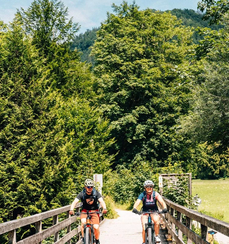 Zwei Radfahrende auf einer Holzbrücke inmitten grüner Natur im Sommer