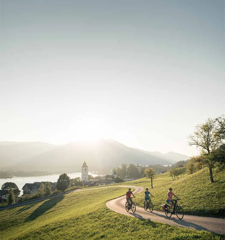 Cyclists on e-bikes in mountain landscape around Bad Ischl during Grand Elisabeth Hotel cycling excursion