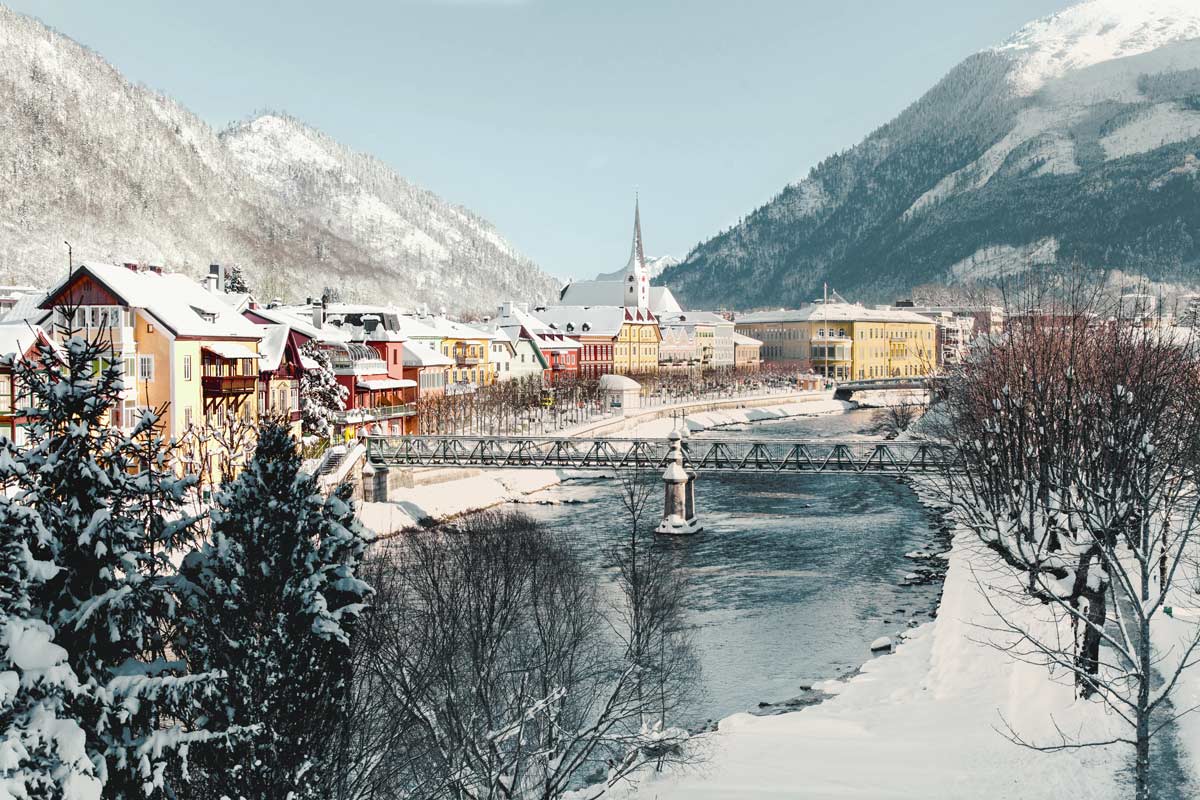 Winter city view of Bad Ischl with river and mountains near Hotel Grand Elisabeth