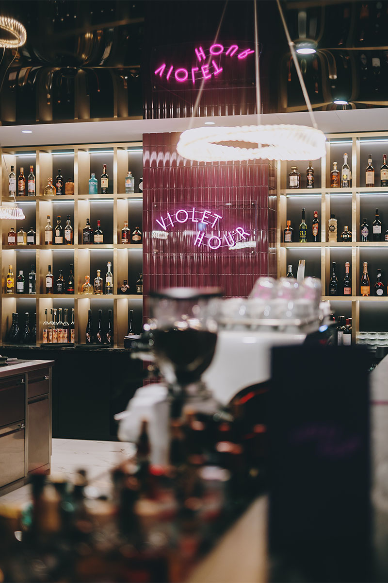 Stylish Violet Hour Bar at Grand Elisabeth Hotel Bad Ischl at night